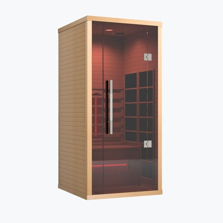 Lumin One Infrared Sauna 1-2 Person Indoor Sauna angled three-quarter front view showing wooden frame exterior with glass door and red chromotherapy interior on white background