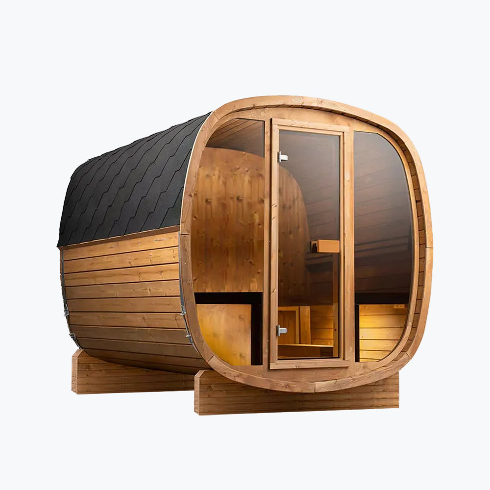 Auris Two 2-Person Outdoor Cedar Barrel Sauna by Orivon Wellness - Luxury infrared sauna with glass door and warm interior lighting