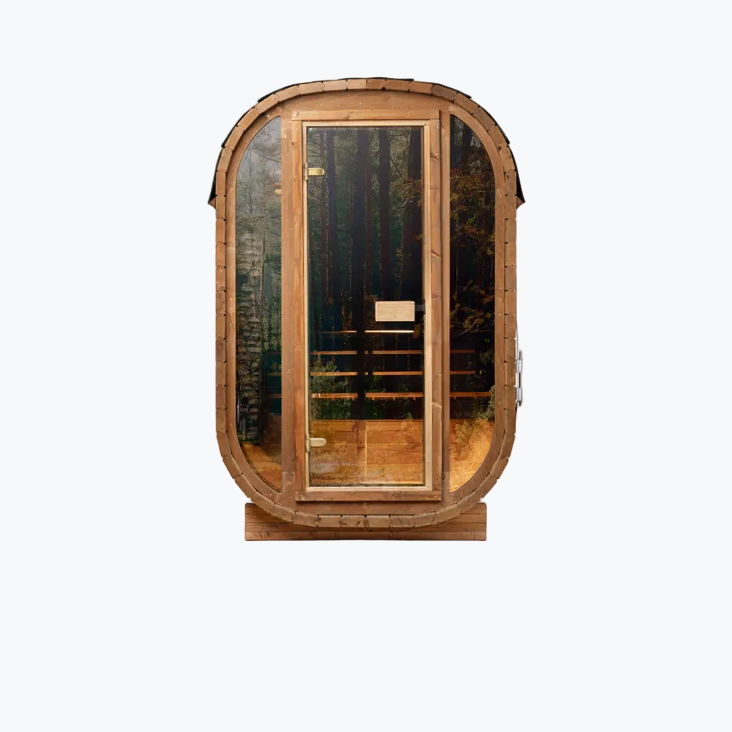 Auris One Luxury Outdoor Cedar Sauna front view with glass door open showing forest reflection on white background