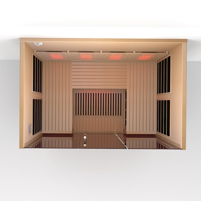 Lumin Three 3-Person Indoor Infrared Sauna top-down interior view showing cedar ceiling red ceiling heaters and carbon panel heaters on walls