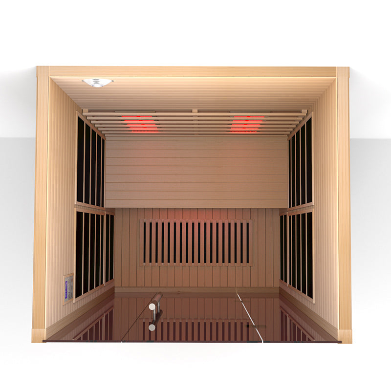 Lumin Two 2-Person Indoor Infrared Sauna top-down interior view showing cedar ceiling red ceiling heaters carbon wall panels and control panel