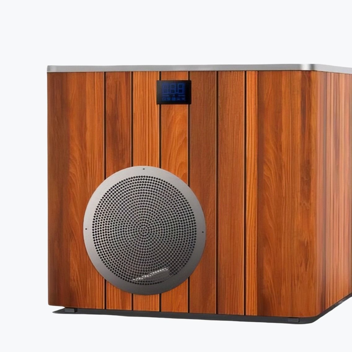 Orivon Metallic Frost Cold Plunge Tub rear view showing wooden cedar paneling, digital temperature display, and circular ventilation grille by Shop Cold Plunge