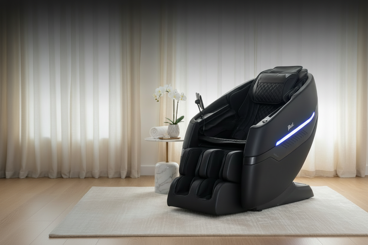 Rebel 4D massage chair in a bright luxury room with soft linen curtains and natural light