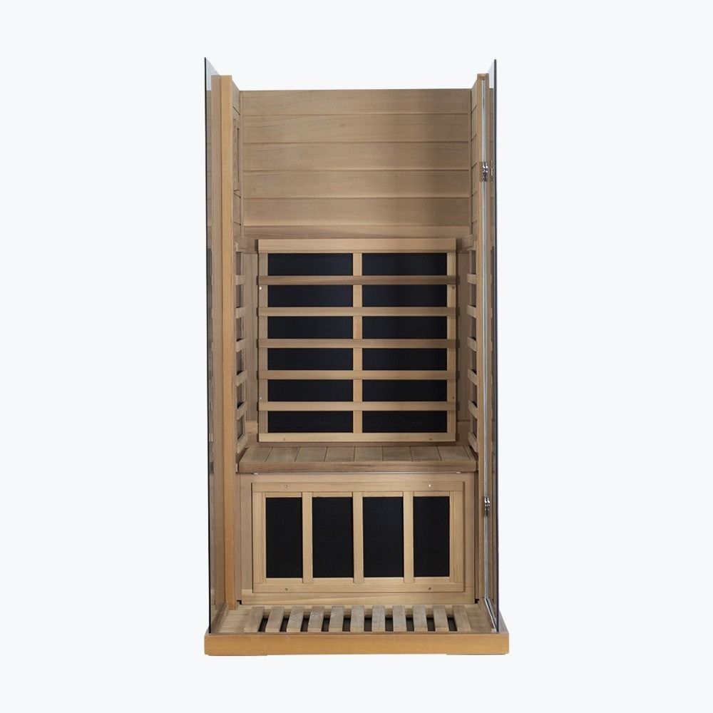 WizziSaunas 909MX Mini red cedar infrared sauna interior assembly showing carbon crystal heater panels bench and floor slats