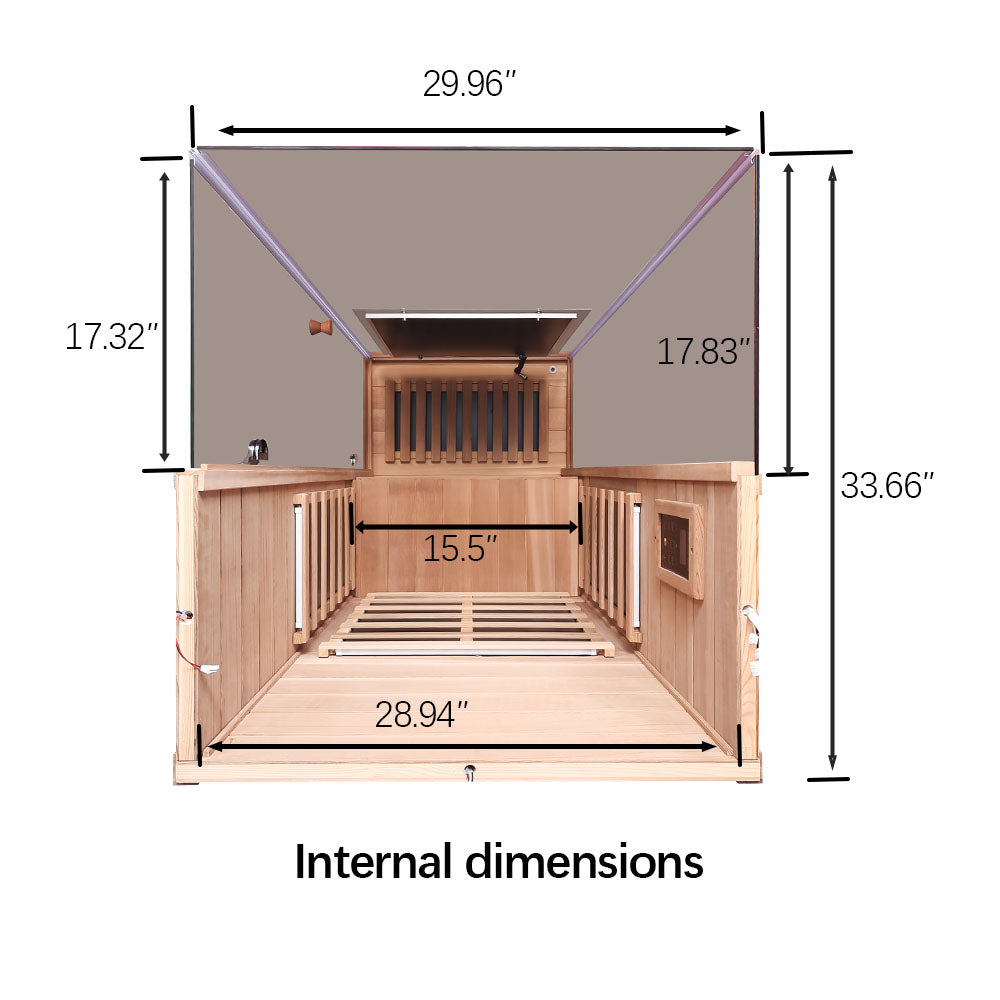 WizziSaunas 909MX Mini red cedar infrared sauna interior dimensions diagram showing 33.66" wide, 28.94" deep, 62.2" tall.
