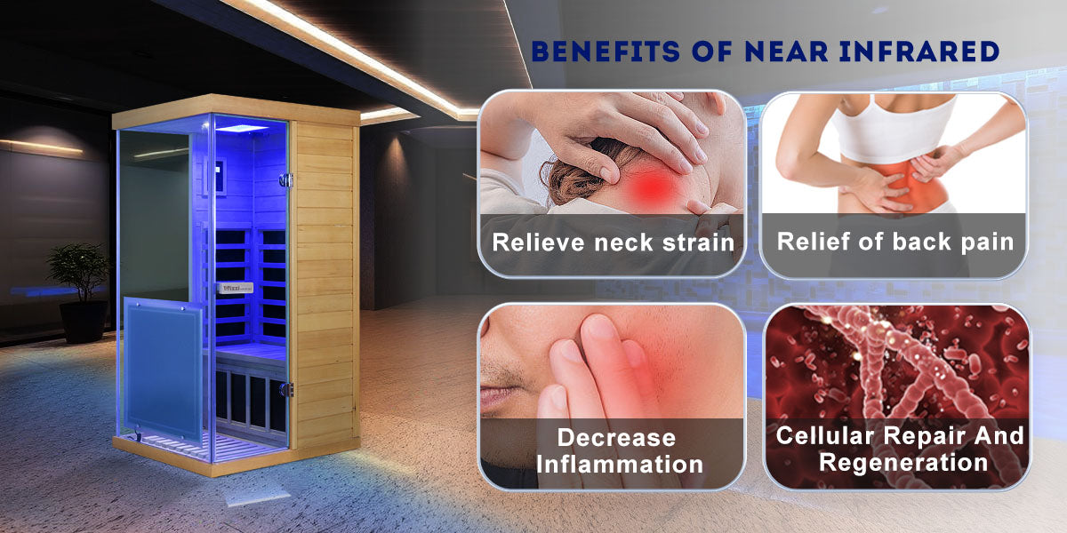 WizziSaunas 909MX Mini red cedar infrared sauna near-infrared wavelength benefits diagram.
