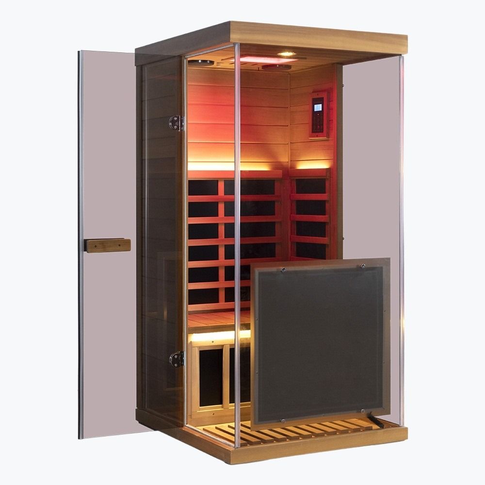 WizziSaunas 909MX Mini red cedar infrared sauna right-opening door variant, front view.