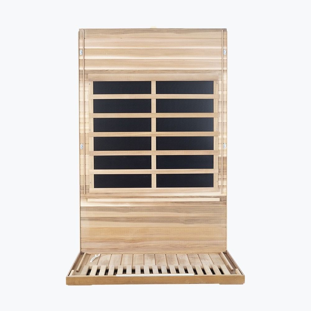 WizziSaunas SR02 Red Cedar 2-Person Infrared Sauna assembly flat-lay showing rear wall panel with six carbon heater rows top roof panel and floor panel on white background
