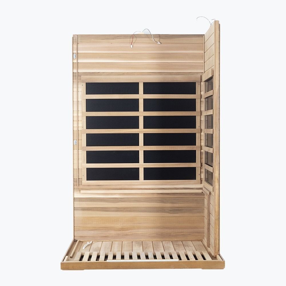 WizziSaunas SR02 Red Cedar 2-Person Infrared Sauna assembly step one showing rear wall panel with six carbon heater rows connected to cedar floor panel on white background