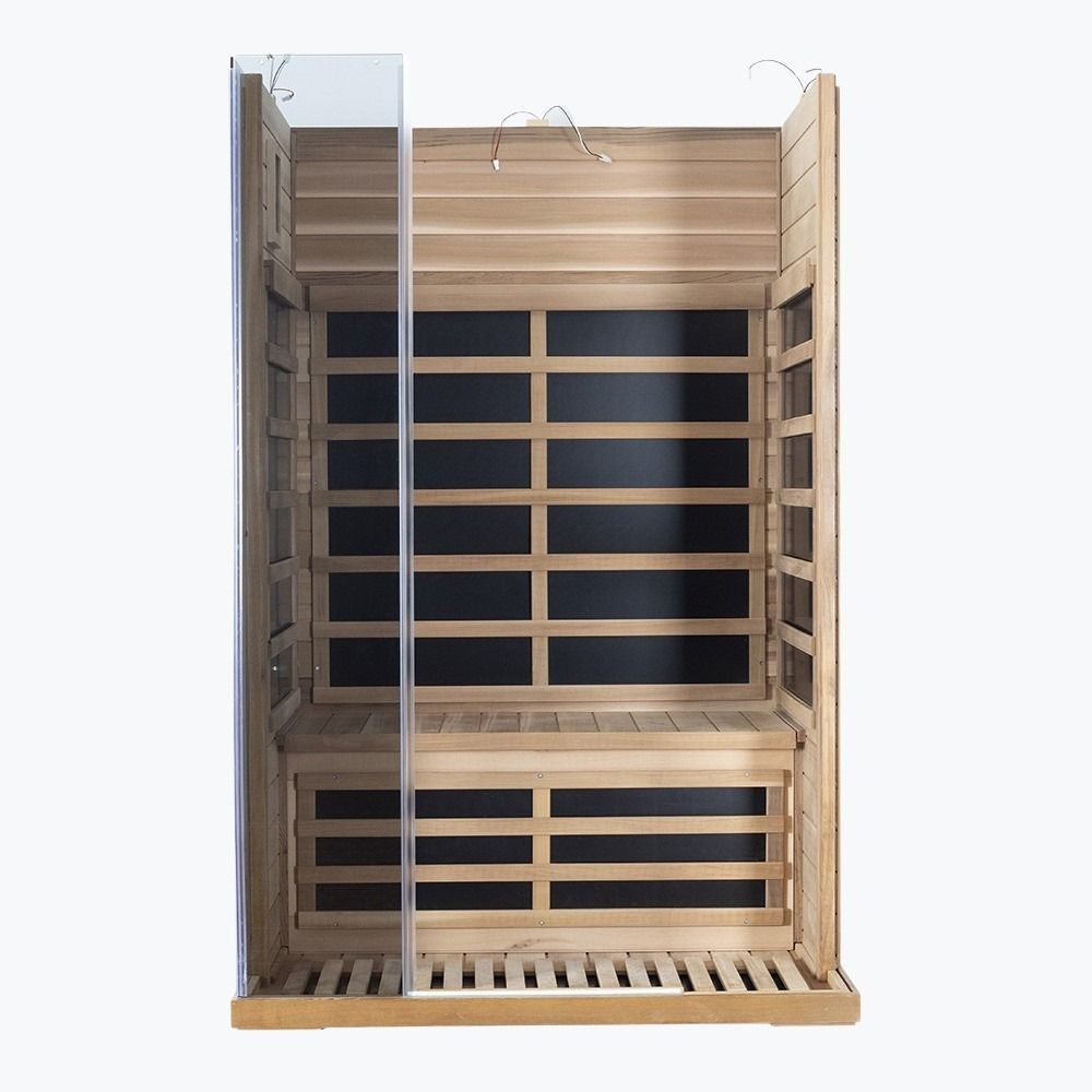 WizziSaunas SR02 Red Cedar 2-Person Infrared Sauna assembly step four showing left glass door panel attached revealing interior carbon heaters and bench seat on white background