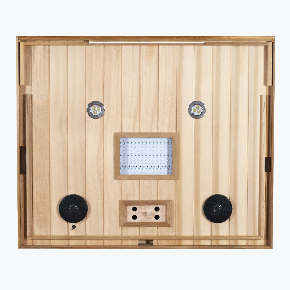 WizziSaunas SR02 Red Cedar Infrared Sauna ceiling panel top-down view showing full spectrum LED light array two Bluetooth speakers two chromotherapy spotlights and LED strip light on white background