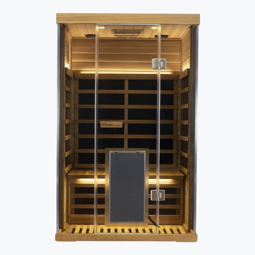 WizziSaunas SR02 Red Cedar 2-Person Infrared Sauna fully assembled front interior view with warm gold LED accent lighting carbon heater panels bench seat and WizziSaunas brand label on white background