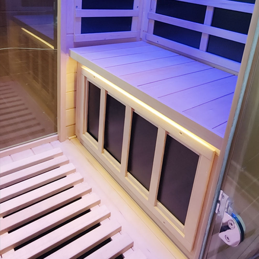 Infrared sauna with wooden benches and LED lighting