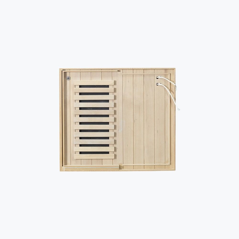 Wooden sauna door with slatted design on a white background