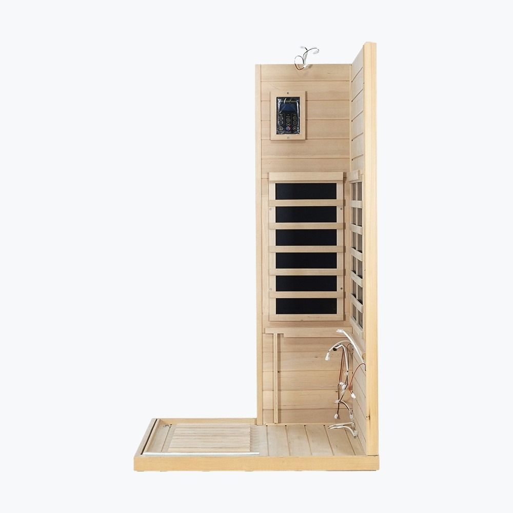 Wooden sauna with a door open on a white background
