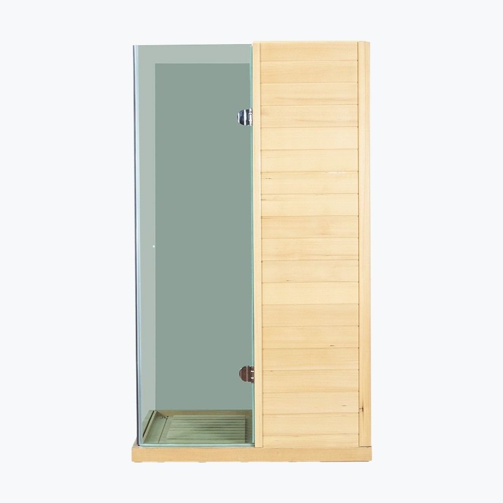 Wooden sauna with glass door on a white background