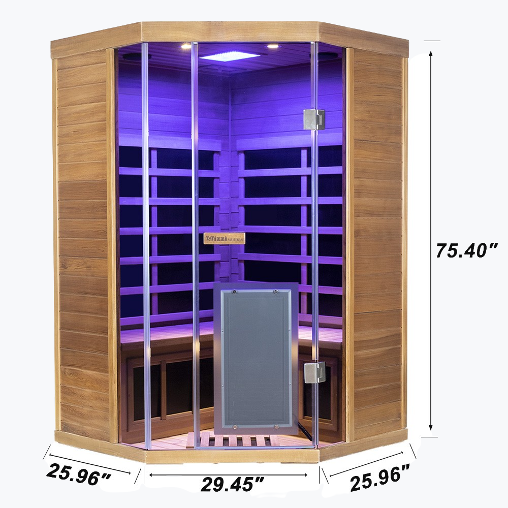 WizziSaunas SR07 Red Cedar Infrared Sauna dimensions diagram showing 75.40 x 25.96 x 29.45 inches with purple therapeutic LED lighting by WizziSauna
