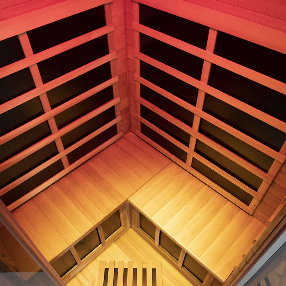WizziSaunas SR07 Red Cedar Infrared Sauna top-down interior view showing wooden benches and full spectrum infrared heating panel grid by WizziSauna